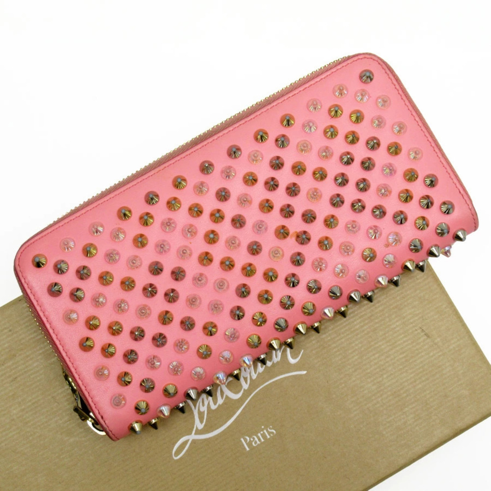 Christian Louboutin Panettone Spike Round Zip Long Wallet Pink Gold Silver